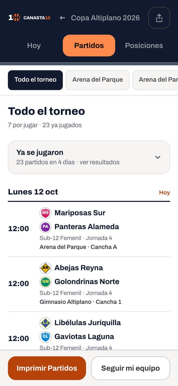 Partidos del torneo en el celular con escudos y nombres completos